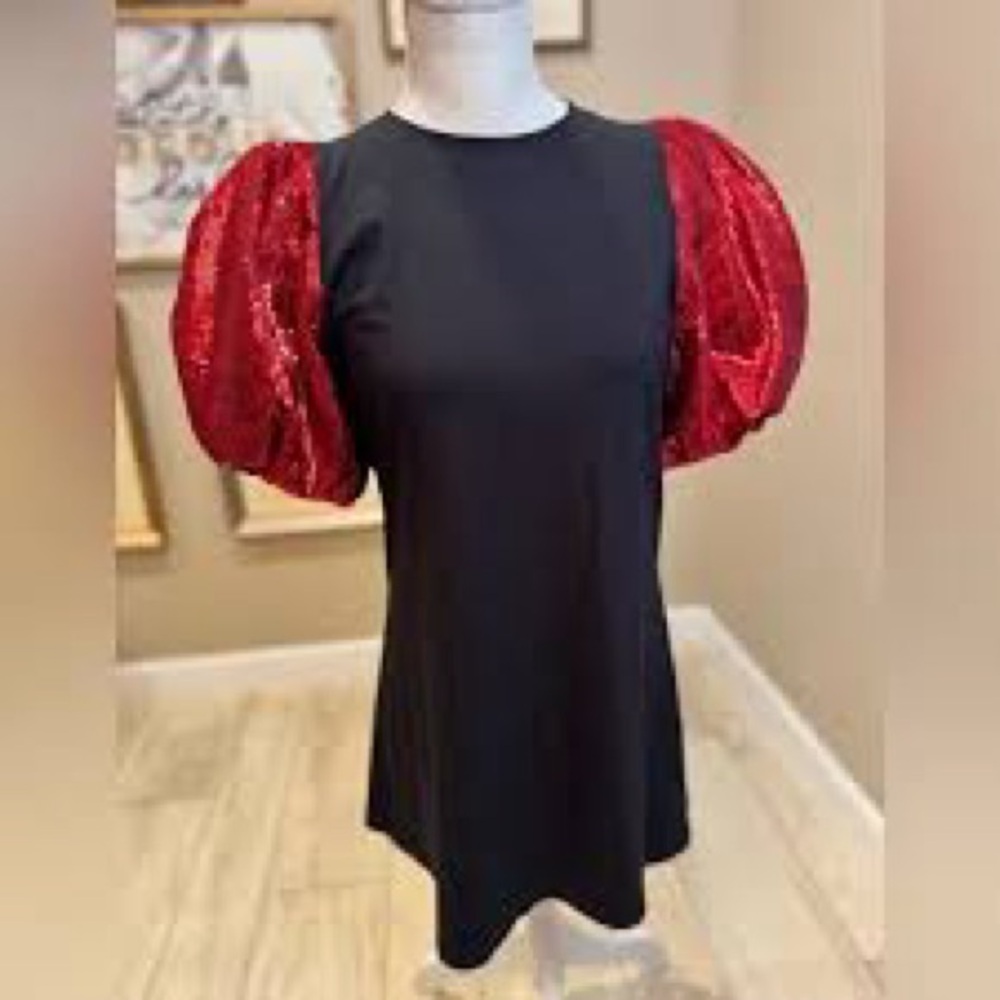 QUEEN OF SPARKLES Black Blouse with Red Sequin Sleeves